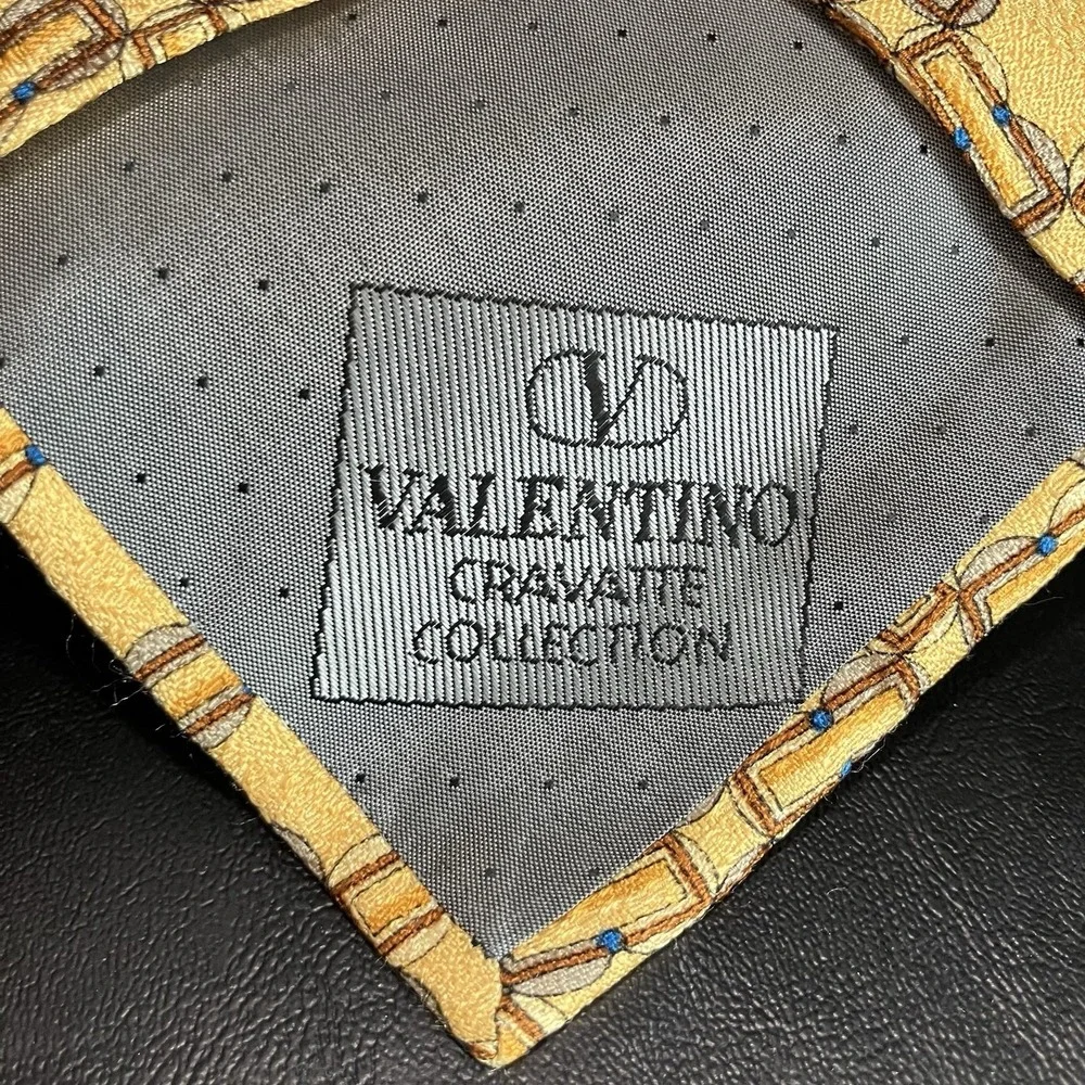 Valentino Cravatte Silk Necktie Gold Brown Blue Chain Link Geometric Made Italy